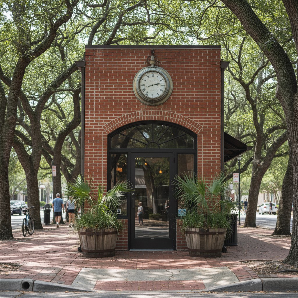 Orlando small-business storefront on a tree-shaded sidewalk with planters at midday